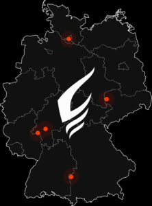 Symbolische Deutschland-Karte, die die Standorte der GLUTWERK Mitarbeiter symbolisiert.