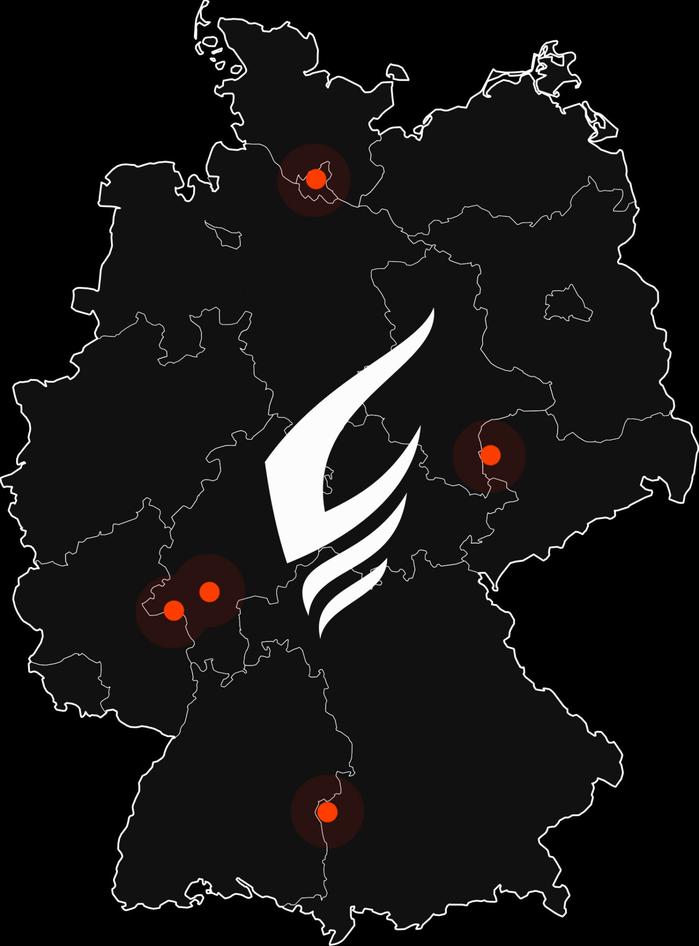 Symbolische Deutschland-Karte, die die Standorte der GLUTWERK Mitarbeiter symbolisiert.